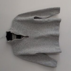 Aran Wool Sweater Felted Mock Neck Quarter Zip Grey Flecked